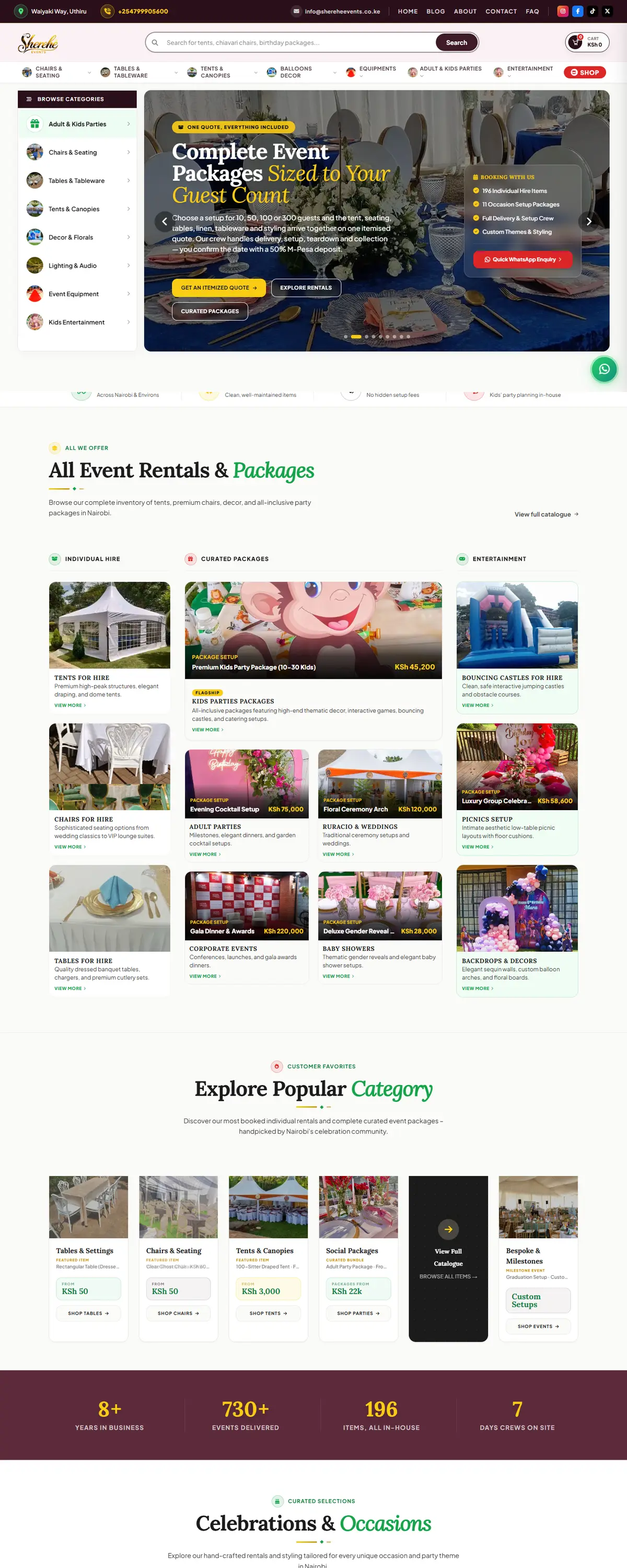 Sherehe Events website, full homepage